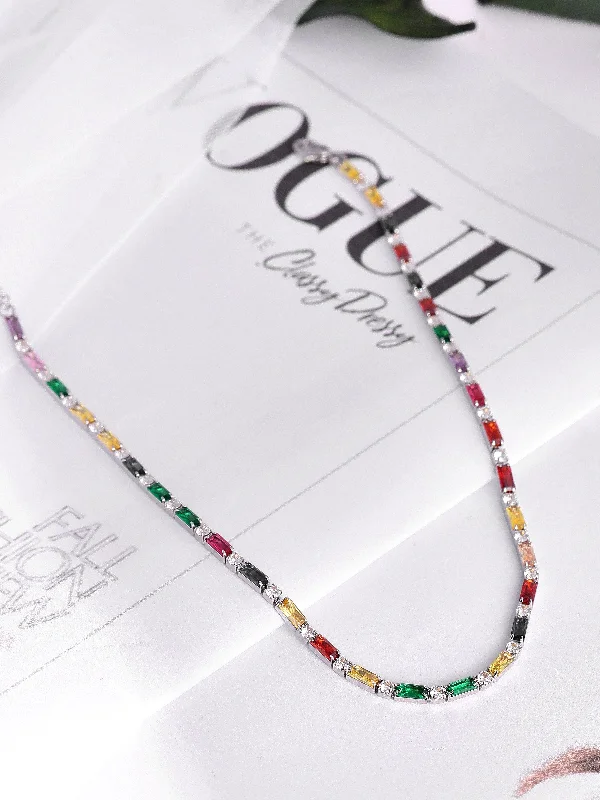 Affordable Glamour – Premium Jewelry At Special Prices Rubans Voguish Rhodium Plated Stainless Steel Waterproof Multicoloured Zircons Studded Tennis Necklace.