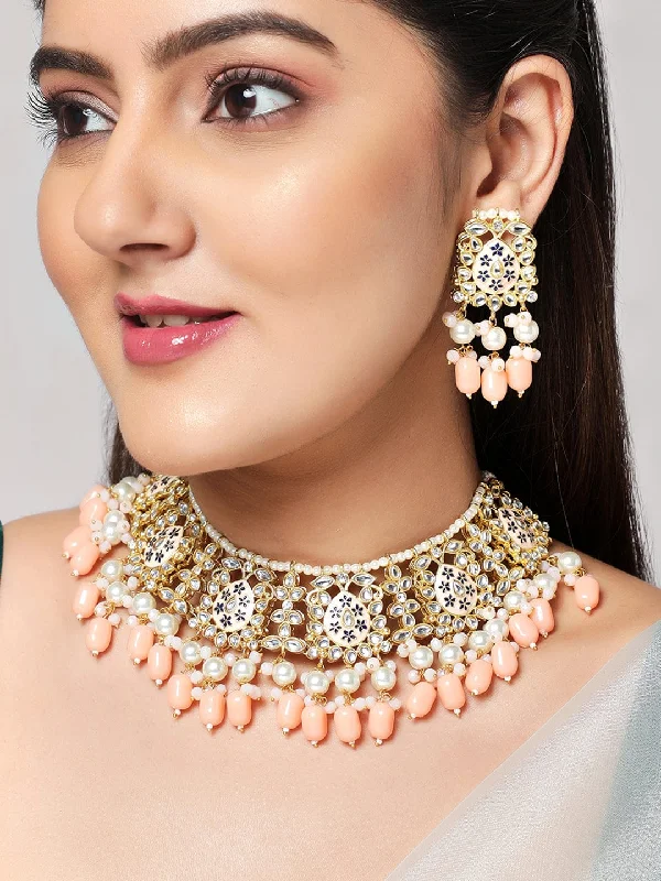 Shop Dazzling Jewelry At The Best Prices Rubans Women Gold-Plated Peach-Colored Kundan & Beaded Jewellery Set