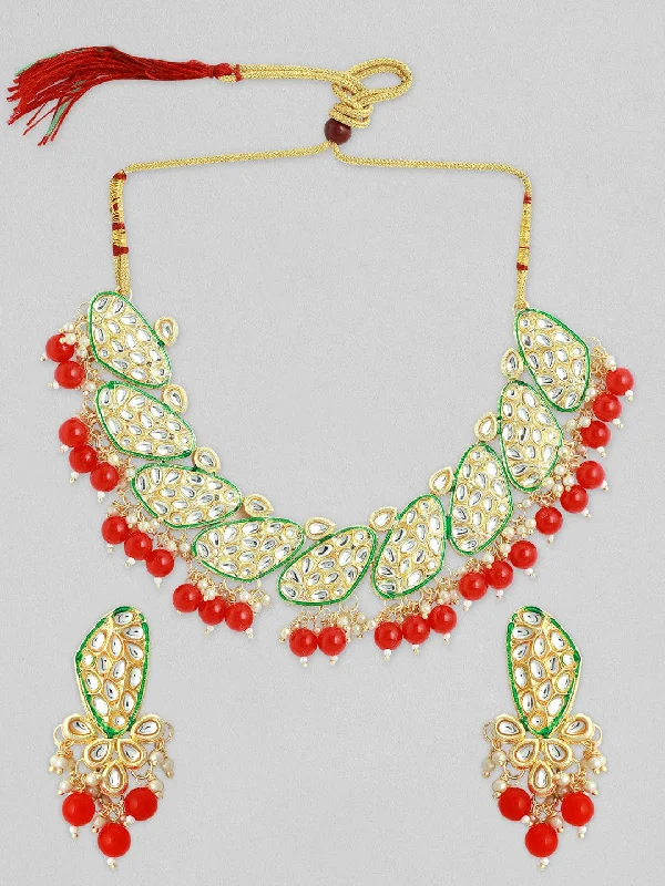 Affordable Glamour – Premium Jewelry At Special Prices Rubans Women Maroon & Gold-Toned & Plated Kundan Necklace Set