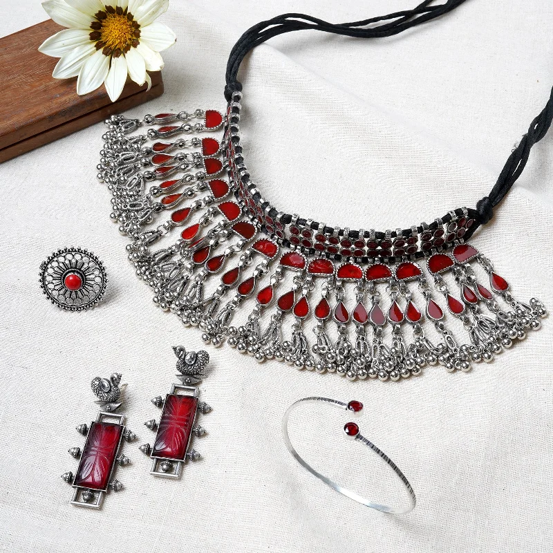 Luxury Jewelry Sale – Elegant Styles At Unbeatable Prices Teejh Bela Red Stone Silver Oxidised Jewelry Gift Set