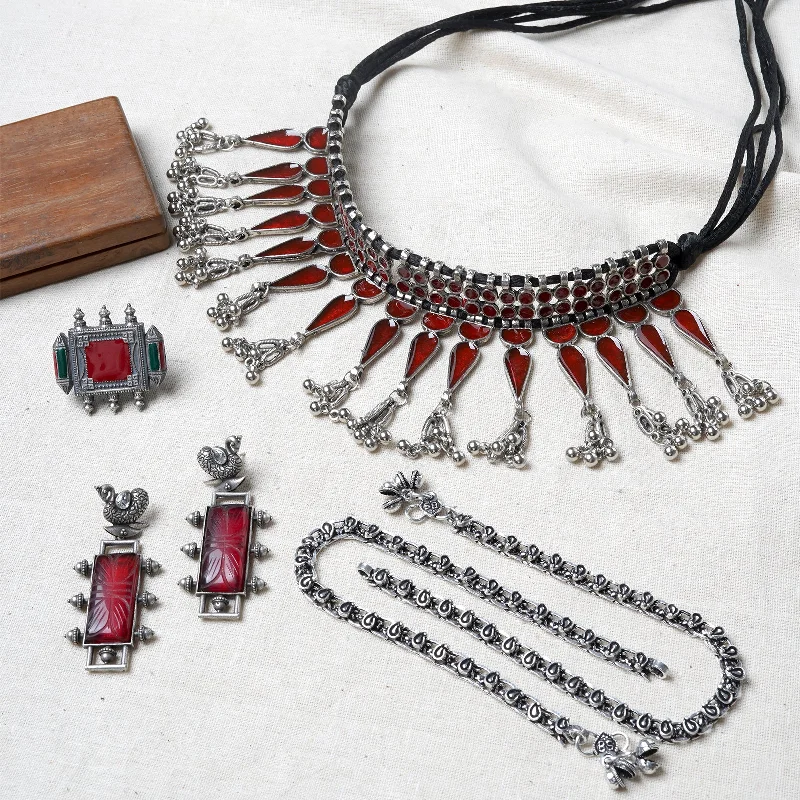 Buy More, Save More On Stunning Jewelry Designs Teejh Hridaya Red Stone Silver Oxidised Jewelry Gift Set